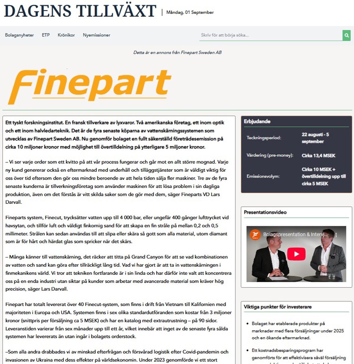 Dagens Tillvaxt landningssida